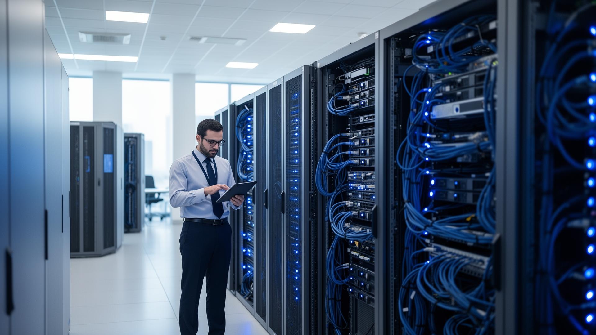 Network engineer reviewing enterprise infrastructure in a Kuwait data centre