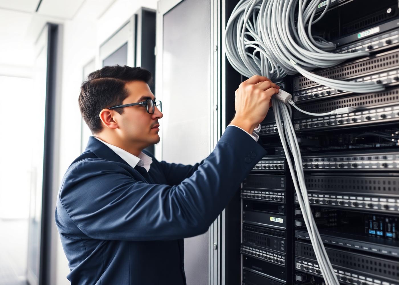 Engineer installing structured cabling in an enterprise network rack